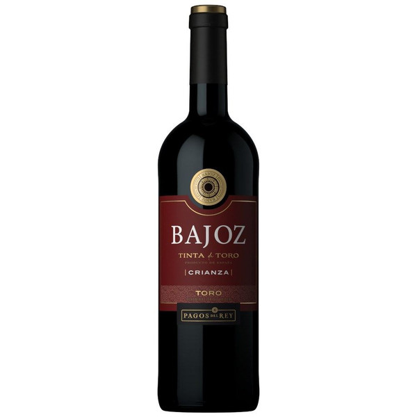 A 75cl glass bottle with a red label white writing and gold circular motif of Bajoz Tinta de Toro Crianza 75cl red wine