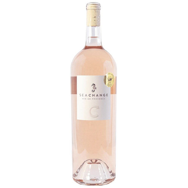 A  clear glass 1.5 litre bottle with a white label with an image of a seahorse of Sea Change Provence Rose wine