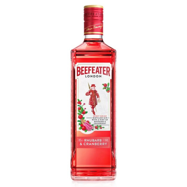 A 70cl square bottle with white label with image of a beefeater, cranberries and rhubarb, of Beefeater Rhubarb Cranberry Gin