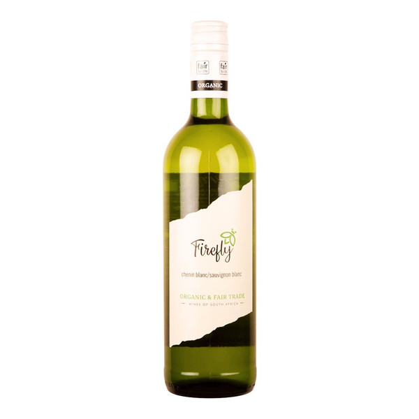A 75cl glass bottle with whire label and top of Stellar Firefly Chenin Blanc Sauvignon Blanc Wine