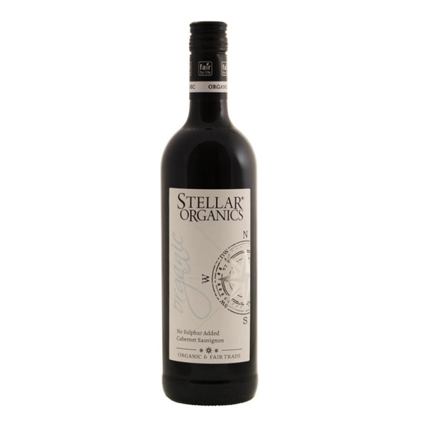 A 75cl glass bottle with a white label and black top showing a compass of Stellar Merlot No Added Sulphur red wine