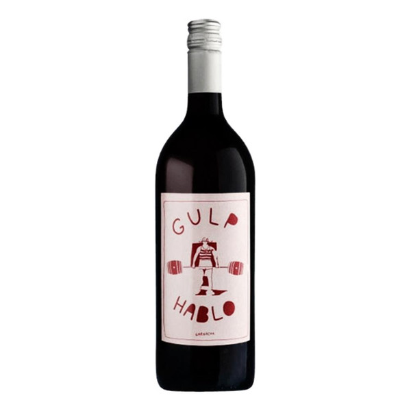 A 1 litre glass bottle with a white and red label with picture of person lifting weights of Gulp Hablo Garnacha red wine