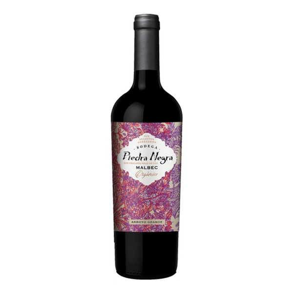 A 75cl glass bottle with a purple label of Piedra Negra Arroyo Grande Organic Malbec red wine
