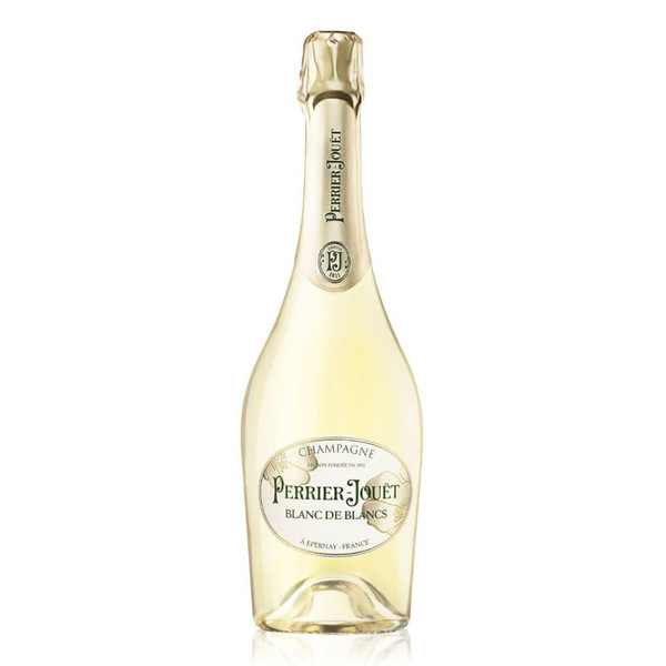 A clear glass 75cl bottle with white  label and gold foil top of Perrier Jouet Blanc de Blanc NV 75cl Champagne