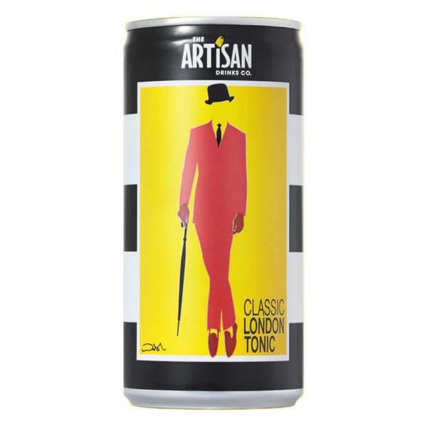 Individual black and white striped 200ml cans with a picture of a suit and bowler hat of Artisan Classic London Tonic 