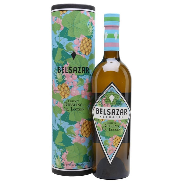 A 70cl glass bottle with diamond shaped label showing pineapples and grapes of Belsazar Riesling Vermouth