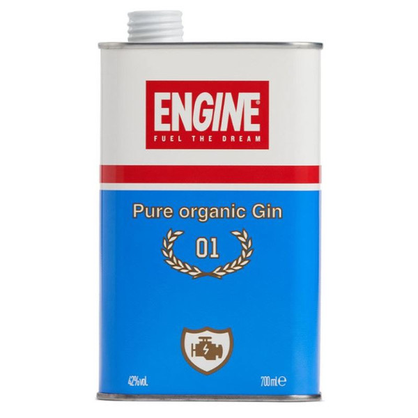 A 70cl rectangular tin with white and blue label in the style of engine oil of Engine Gin 