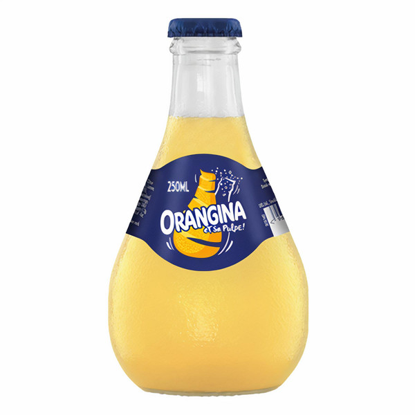 A single glass bulb shaped 250ml clear bottle with a blue label of Orangina Bulby