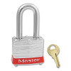 Master Lock 3MKREDSM254 No. 3 Laminated Steel Padlock, 9/32 in dia, 5/8 in W x 3/4 in H Shackle, Silver/Red, MK, Keyed SM254