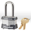 Master Lock Padlock, Style: Laminated steel body, Size: 1-9/16", Material: Steel, Color: Silver, Keyed: Keyed Alike, Shackle Diameter: 9/32", Shackle Clearance: 1-1/2", Key: # 3727