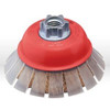 Cable Crimped Wire Cup Brush, 3" High Perf. Cable-Crimped Wire Cup Brush, w/Protective Guard, 12x.009" Steel, 5/8"-11 & M14 x 2.0 A.H., Clamshell Package