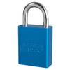 Master Lock Padlock, Style: 5 pin cylinder, Size: 1-1/2", Material: Aluminum, Color: Blue, Keyed: Keyed Differently, Shackle Diameter: 1/4", Shackle Clearance: 1", Packaging Qty: 24 per case