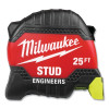 Milwaukee Tool 48-22-1425E STUD Tape Measure, 25 ft, SAE, Two-Sided Printing, Engineer Scale, Hi-Vis Blade, Red/Black