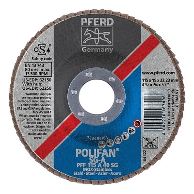 Pferd 62150 Type 27 POLIFAN SG Flap Disc, 4-1/2 in dia, 40 Grit, 7/8 arbor, 13000 RPM