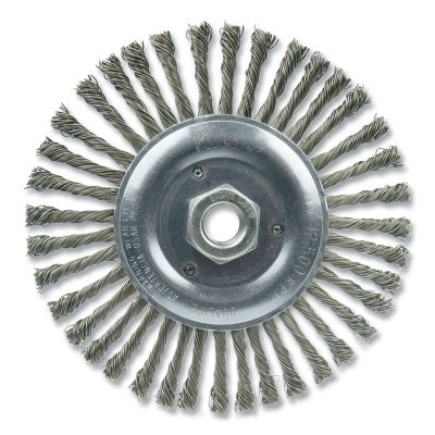 Weiler 36307 Wolverine Knot Wire Wheel, Stringer Bead Twist, 6 in dia x 3/16 in W Face, 5/8 in-11 UNC, 0.020 in Steel Wire, 12500 RPM