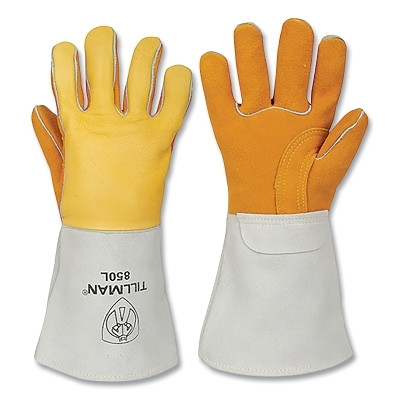 Tillman 850M Stick Welding Gloves, 850, Split Elkskin Palm/Top Gr Elkskin BOH/Split Cowhide Cuff, Med, Gold, 14 in L Cuff