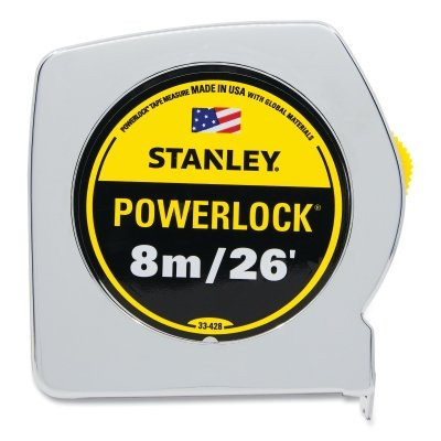 Stanley 33-428L Powerlock Tape Rules Wide Blade, 26 ft L, 1 in W, SAE/Metric, Chrome/Yellow