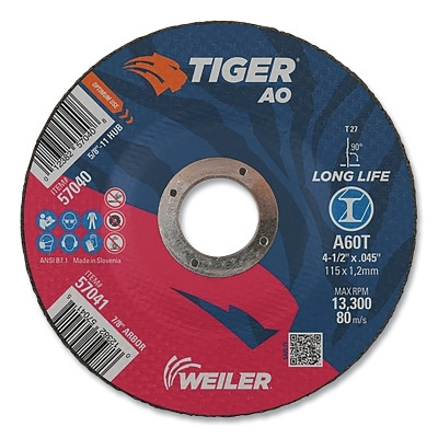 Weiler 57041 Tiger AO Cutting Wheel, 4-1/2 in dia x 0.045 in Thick, 7/8 in Arbor, A60T, Type 27