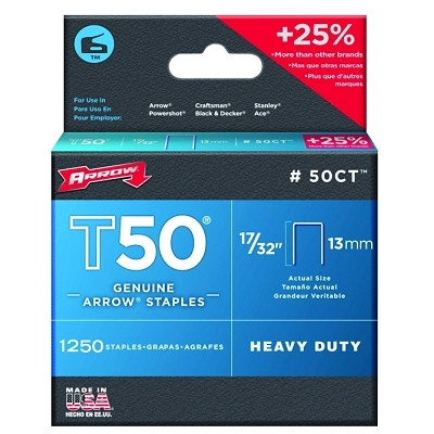 Arrow Fastener 50CT T50 Type Staples, 17/32 in L x 3/8 in W, 1250 per box