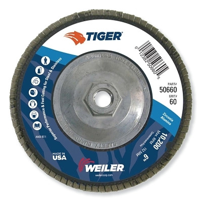 Weiler 50660 Tiger Disc Abrasive Flap Disc, 6 in dia, 60 Grit, 5/8 in-11, 10200 rpm, Type 29