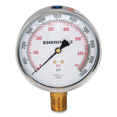 Enerpac G4039L G-Series Glycerin-Filled Hydraulic Pressure Gauge, 10000 psi/700 Bar Max, Stainless Steel, 1/2 in NPTF, Lower, 4 in