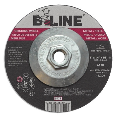 B-Line Abrasives 90907 Depressed Center Grinding Wheel, 5 in dia, 1/4 in Thick, 5/8 in to 11 in Arbor, 24 Grit, Aluminum Oxide