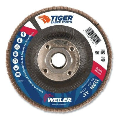 Weiler 50105 Saber Tooth Ceramic Flap Disc, 4-1/2 in, 40 Grit, 5/8 in Arbor, 13,000 RPM