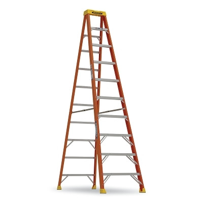 Werner 6110 Fiberglass Stepladder, 6110, Type IA, 10 ft L, 28 in W, Single-Sided, 300 lb Load Capacity, Orange/Yellow