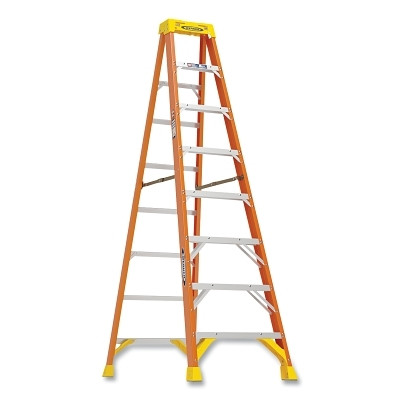 Werner 6208 Fiberglass Stepladder, 6208, Type IA, 8 ft L, 26.84 in W, Single-Sided, 300 lb Load Capacity, Orange/Yellow