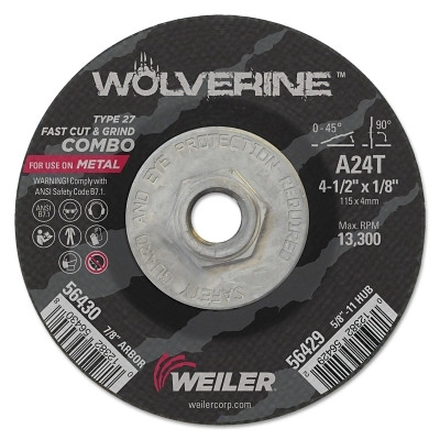 Weiler 56429 Wolverine Combo Wheel, 4-1/2 in dia, 1/8 Thick, 5/8 in - 11 UNC Arbor, 24 Grit