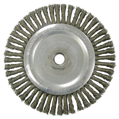 Weiler 36296 Wolverine Knot Wire Wheel, Stringer Bead Twist, 5 in dia x 3/16 in W Face, 5/8 in-11 UNC, 0.020 in SS Wire, 12500 RPM