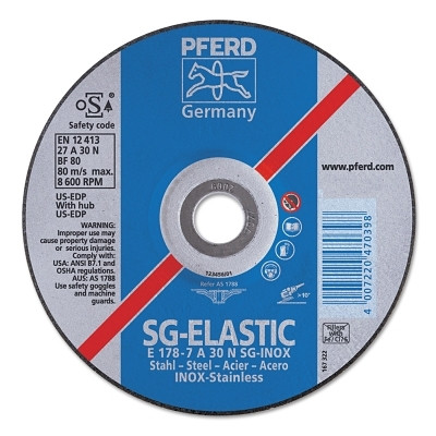 Pferd 61105 Premium SG-INOX Wheel, 4 1/2 in Dia, 1/4 Thick, 7/8 Arbor, 30 Grit, Alum Oxide