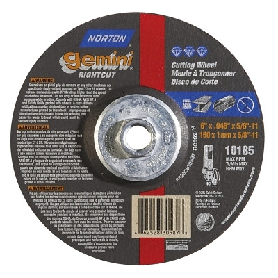 Norton 66252830587 Gemini RightCut Right Angle Cut-Off Wheel, Type 27/42, 6 in dia x 0.045 in Thick x 5/8 in-11 Arbor, 1 EA/EA