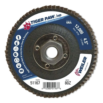 Weiler 51167 Tiger Paw Super High Density Flap Disc, 4-1/2 in dia, 80 Grit, 5/8 in-11 Arbor, 12000 RPM, Type 27 Flat