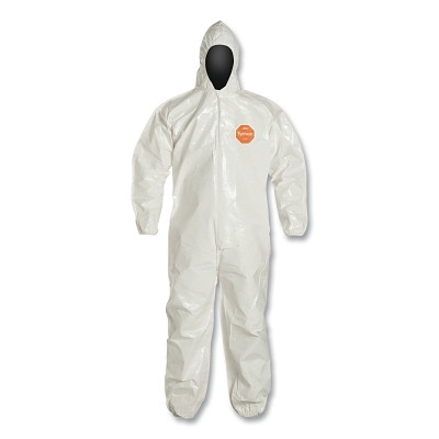 DuPont Tychem SL127BWHLG001200 Tychem 4000 Coverall, Bound Seams, Attached Hood, Elastic Wrist and Ankles, Zipper Front, Storm Flap, White, Large