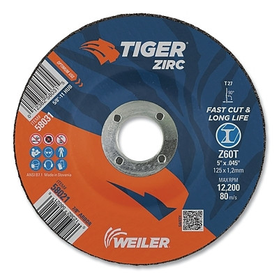 Weiler 57046 Tiger AO Cutting Wheel, 7 in dia x 0.060 in Thick, 7/8 in Arbor, A60T, Type 27