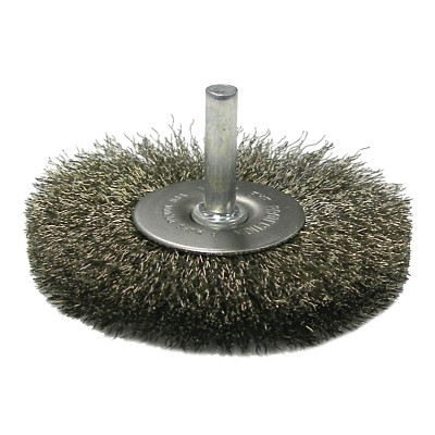 Weiler 17978 Crimped Wire Radial Wheel Brush, 3 in dia x 1/2 in W Face, 0.014 Stainless Steel Wire, 20000 RPM, 1/4 in Stem