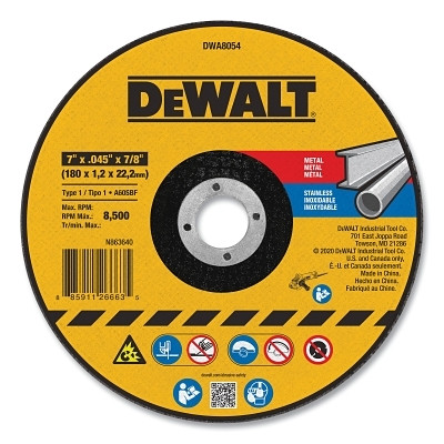 DeWalt DWA8054 Cutting Wheel, Type 1, 7 in dia x 0.045 in Thick x 7/8 in Arbor, Aluminum Oxide