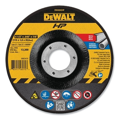 DeWalt DWA8424F High Performance Cutting Wheel, Type 27, 4-1/2 in dia x 0.040 in Thick x 7/8 in Arbor, 60 Grit, Aluminum Oxide