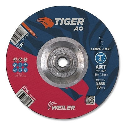 Weiler 57048 Tiger AO Cutting Wheel, 7 in dia x 0.060 in Thick, 5/8 in-11 UNC Arbor, A60T, Type 27