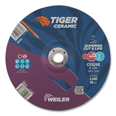 Weiler 58333 Tiger Grinding Wheel, 9 in dia x 1/4 in Thick x 7/8 in Arbor, 24 Grit, Ceramic Alumina, Type 27, 10 EA/BX