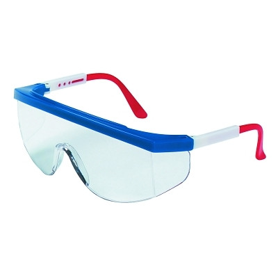 MCR Safety TK130 Tomahawk Protective Eyewear, Clear Lens, Duramass HC, Blue/Red/White Frame