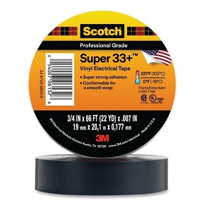 Scotch 7100099831 Super 33+ Vinyl Electrical Tape, 66 ft L x 3/4 in W, Black