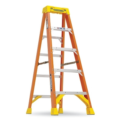 Werner 6205 Fiberglass Stepladder, 6205, Type IA, 5 ft L, 21.6 in W, Single-Sided, 300 lb Load Capacity, Orange/Yellow