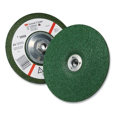 3M 7100034253 Green Corps Depressed Center Wheel, 7 in Dia, 1/4 in Thick, 5/8 Arbor, 24 Grit