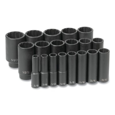 Grey Pneumatic 1719D Impact Socket Set, 1/2 in Dr, SAE, 12-point, 3/8 in to 1-1/2 in, 19-Pc Deep Length