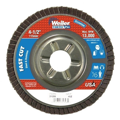 Weiler 31308 Wolverine Abrasive Flap Disc, 4.5 in dia x 7/8 in Arbor, 40 Grit, 13000 RPM, Alum Back