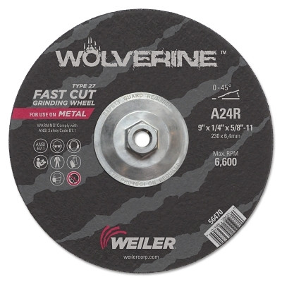 Weiler 56470 Wolverine Grinding Wheel, 9 in dia x 5/8 in-11 UNC Arbor x 1/4 in Thick, AO, 24R