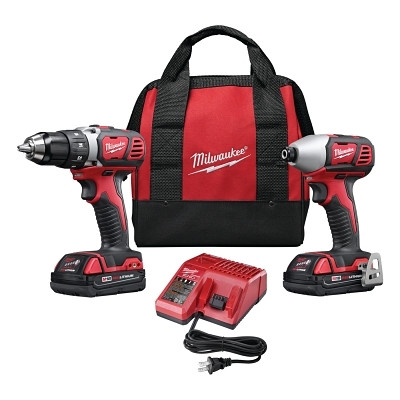 Milwaukee Tool 269122 M18 Cordless Combo Kit, 18 V, 1/2 in Drill Driver, 1/4 in Hex Impact Driver, 2 Batteries, Charger, Belt Clip, Contractor Bag