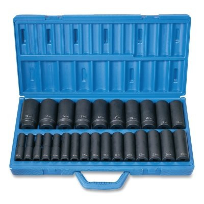 Grey Pneumatic 1326MD Impact Socket Set, 1/2 in Dr, Metric, 6-point, 10 mm to 36 mm, 26-Pc Deep Length Master